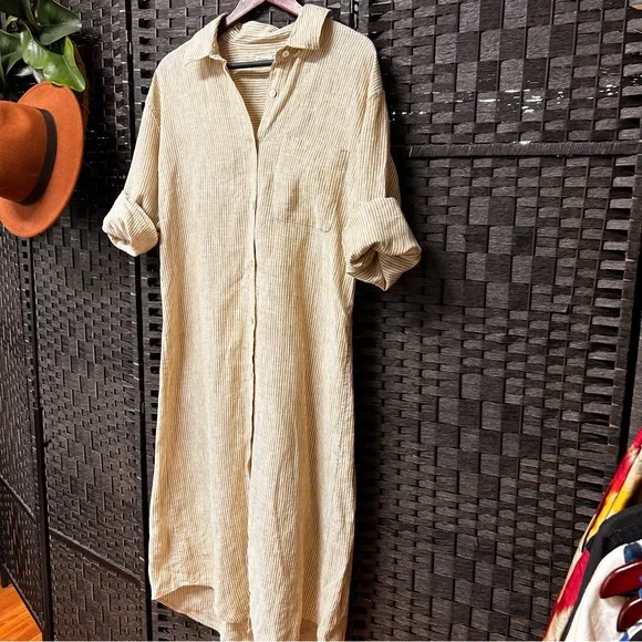 Faherty linen striped duster style midi T-shirt dress size medium khaki white - Picture 1 of 8